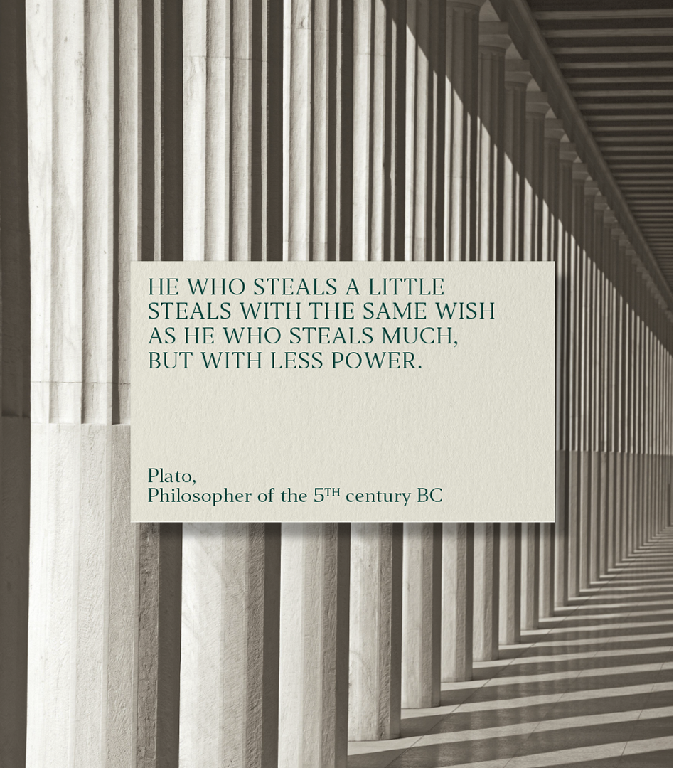 A card in the brand identity of Academias, with a quote of Plato writen on it.