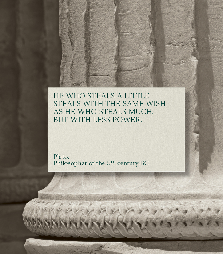 A card in the brand identity of Academias, with a quote of Plato writen on it.
