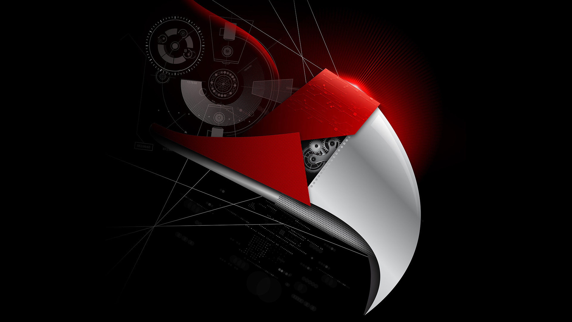 A sleek, 3D mechanical falcon head in profile, featuring white and red metallic armor and a glowing red eye against a dark, high-tech background.