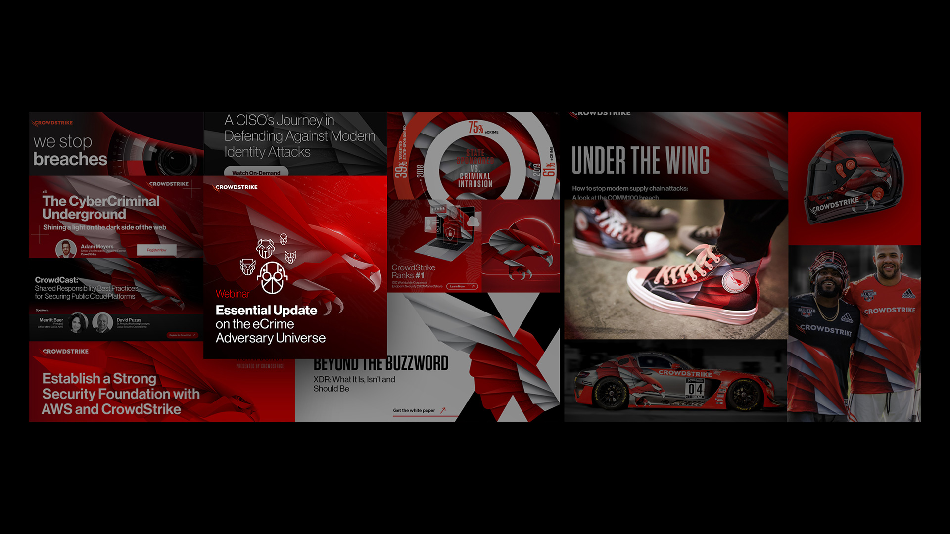 A collage of CrowdStrike digital marketing assets, including webinar thumbnails, social media graphics, a branded sneaker, and a racing car, all featuring the signature red and black aesthetic.