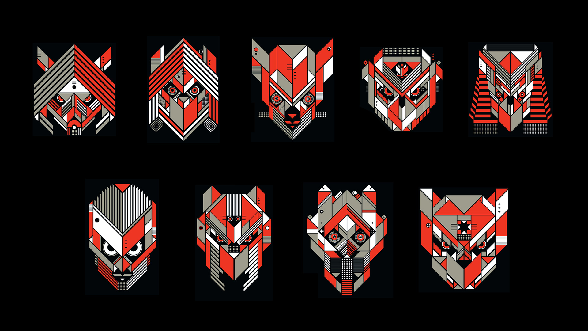 A grid of eight distinct geometric animal and predator masks designed in CrowdStrike's red, white, and grey cyber aesthetic, representing different threat actor profiles.