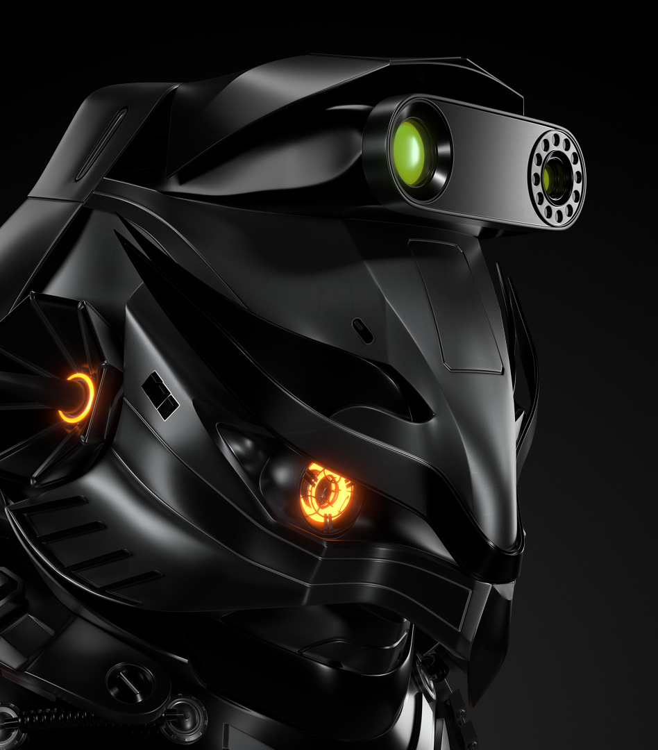 A close-up 3D render of a sleek, black robotic owl head featuring a glowing orange eye and a specialized green sensor array, representing one of Cybereason's League of Defenders.