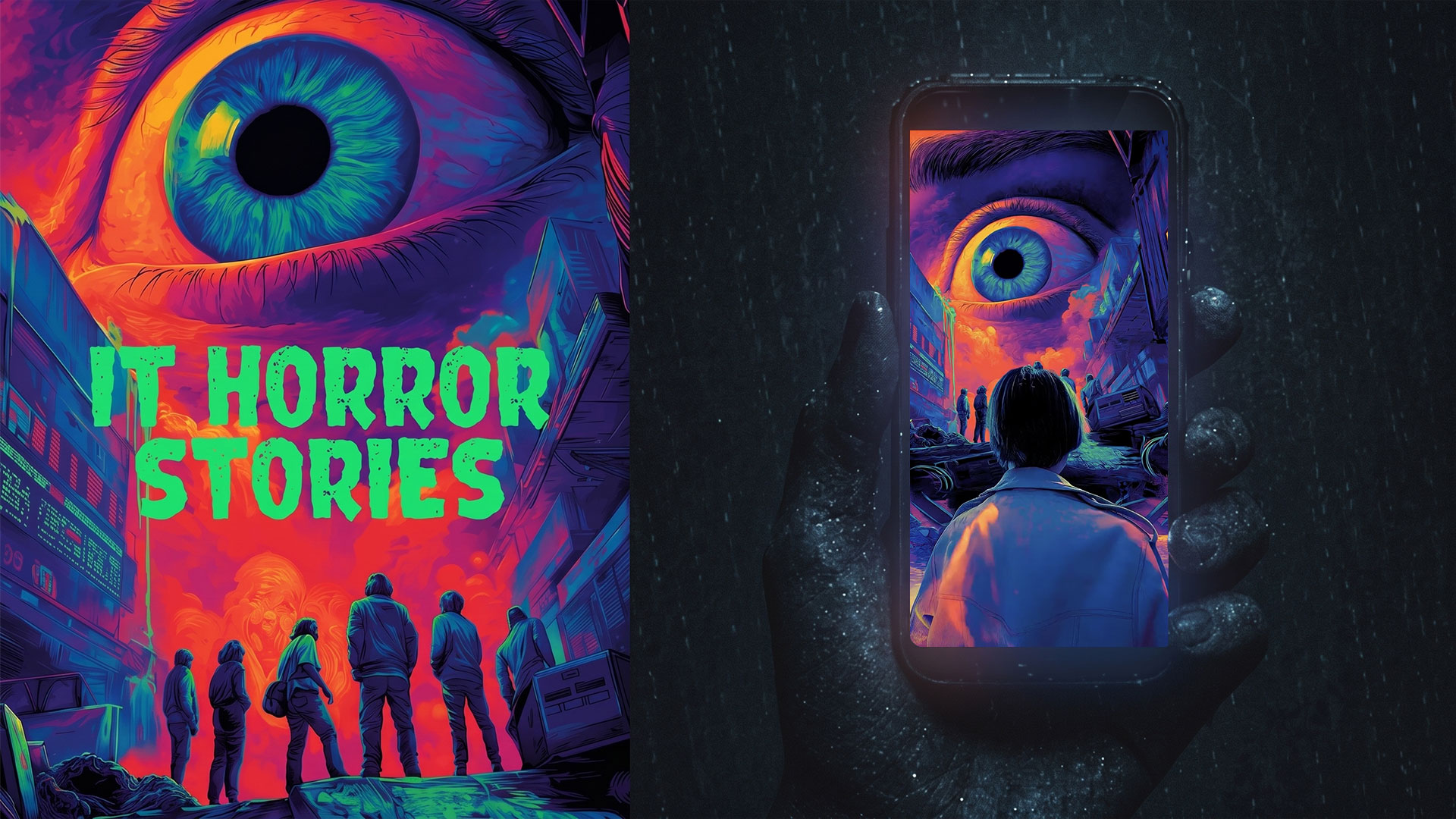 Side-by-side visuals of an IT horror poster featuring a giant, glowing blue eye looming over a crowd, and a smartphone screen displaying the same eerie eye artwork held in a rainy environment.