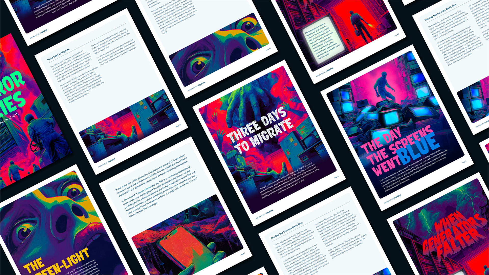 A flat lay spread of multiple printed pages from the NinjaOne IT Horror Stories e-book, showcasing editorial layout design, typography, and vibrant retro horror illustrations.