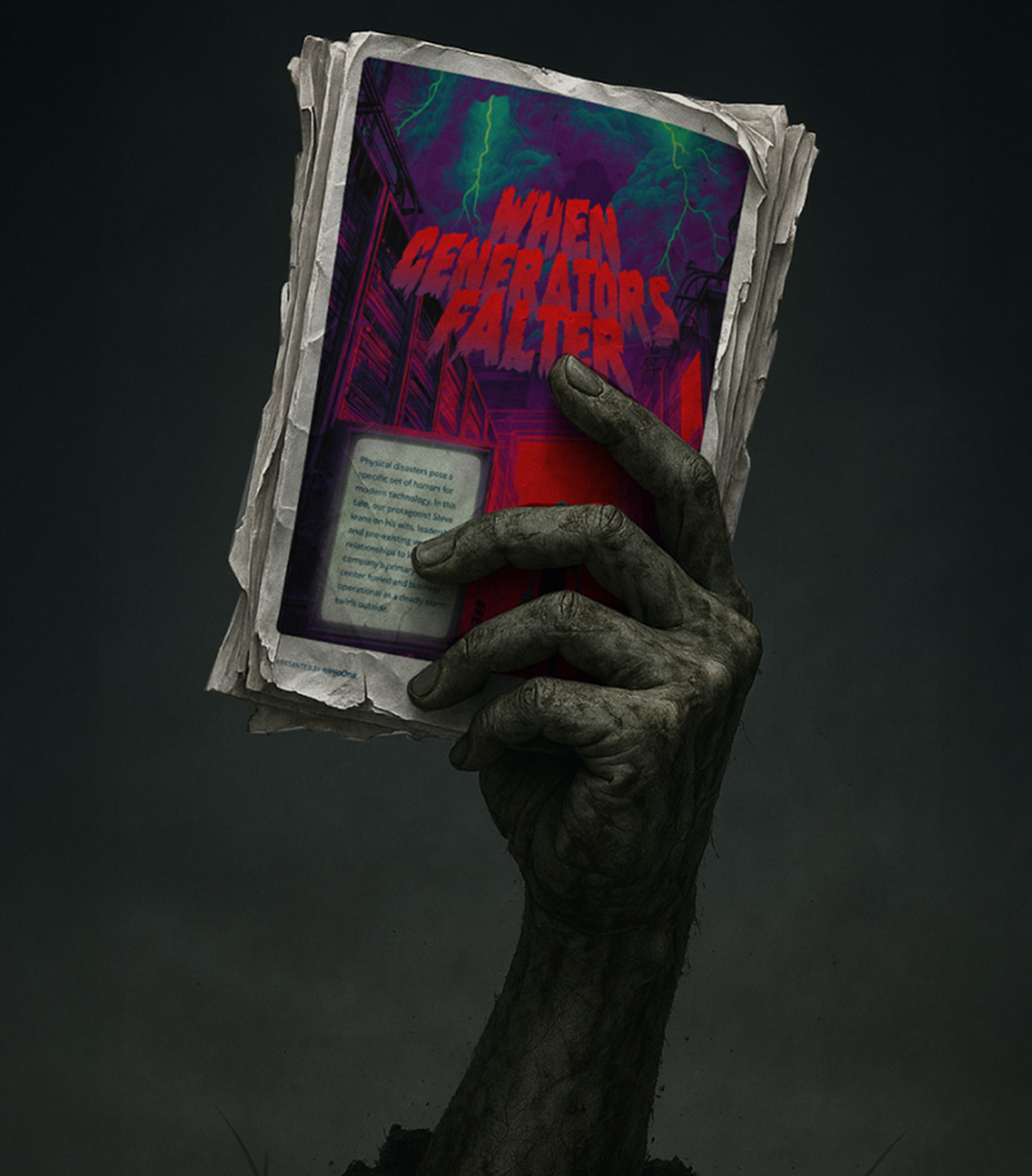 A decaying zombie hand reaching up from the dirt, holding a crumpled and weathered printed booklet titled 'When Generators Falter' featuring a spooky lightning and server illustration.