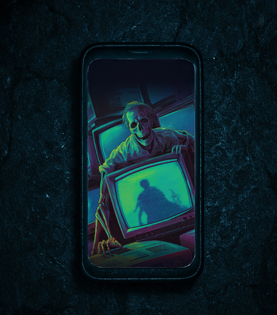 A smartphone resting on a dark stone surface, displaying a retro horror illustration of a skeletal figure looking over a glowing green CRT monitor.