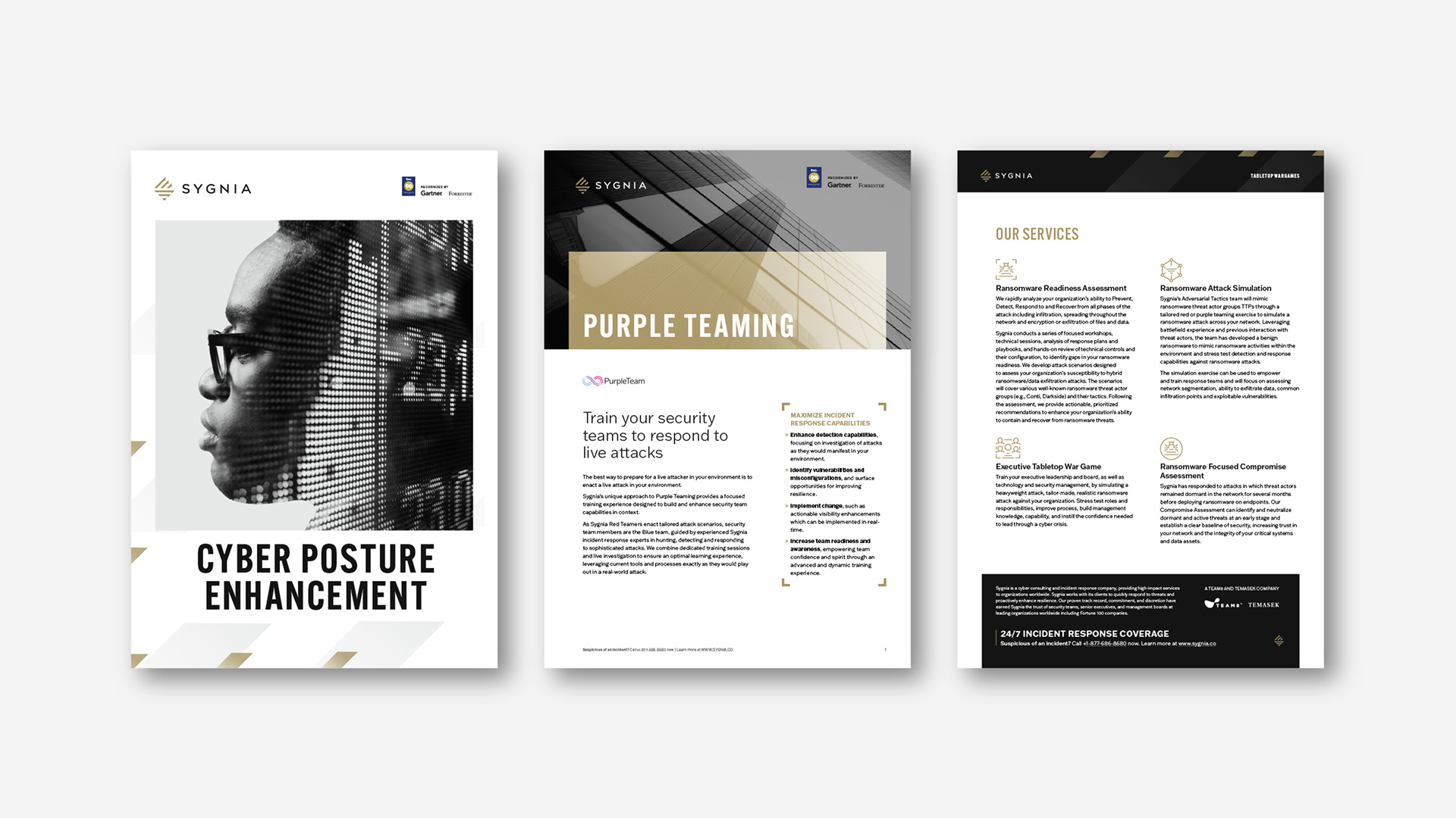 Three distinct Sygnia document covers displayed side-by-side: a Cyber Posture Enhancement report featuring a double exposure portrait, a Purple Teaming one-pager, and a Tabletop Wargames service overview.