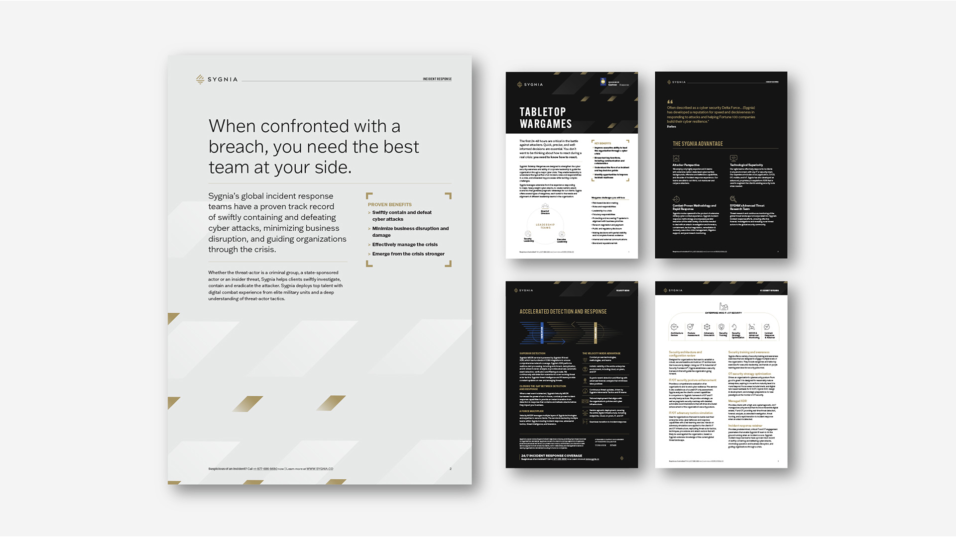 A collection of four Sygnia digital documents, highlighting an incident response overview page alongside three dark mode service sheets for Tabletop Wargames and Accelerated Detection.