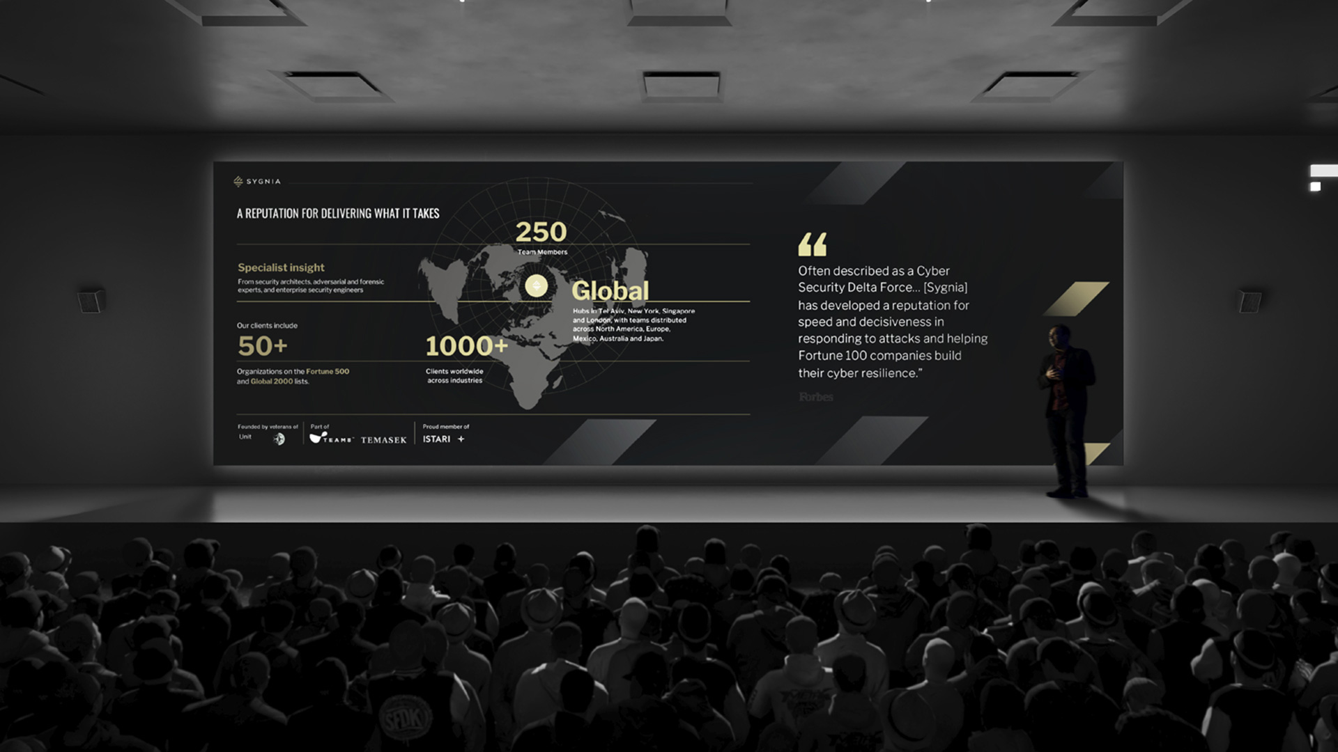 A speaker presenting on a lit stage in front of an audience, standing next to a massive screen displaying a Sygnia presentation slide detailing global metrics and a Forbes quote.